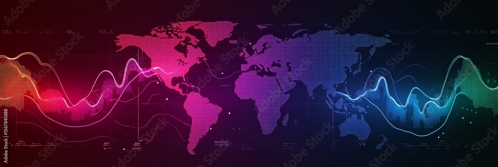 Poster glowing lines form a data-driven abstract representation of global financial markets and trends