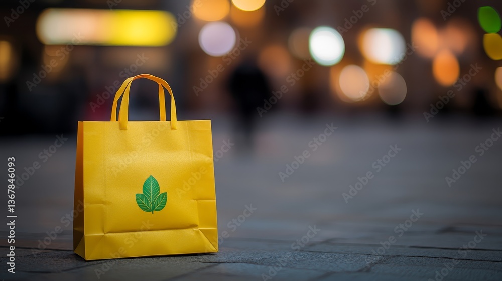 Aufkleber yellow eco-friendly paper bag with a green leaf emblem rests crumpled on textured concrete, illumina