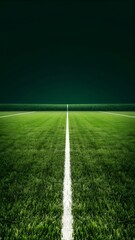 Obraz premium Green football pitch with bright white lines, showcasing a symmetrical design and a dramatic contrast with the dark sky in a minimalist style