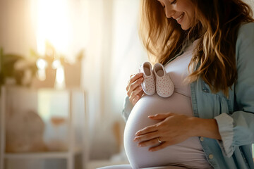 Young caucasian female expectant mother smiling holding baby shoes in sunlit room