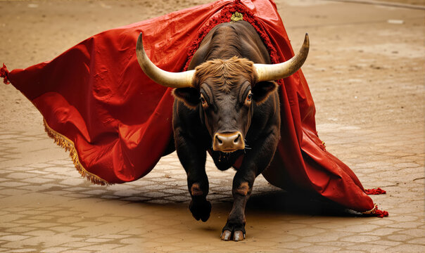 Spanish Bull with Red Cape charging in Arena during Bullfight. Powerful Animal, Tradition, Culture, and Performance Spectacle in Spain.