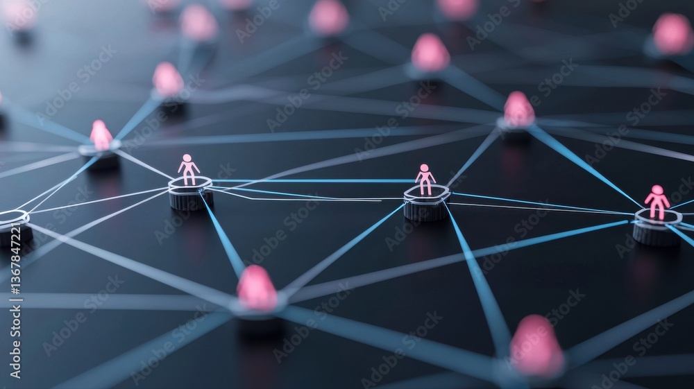 Poster a futuristic network visualization with glowing nodes and connections on a dark surface, highlightin