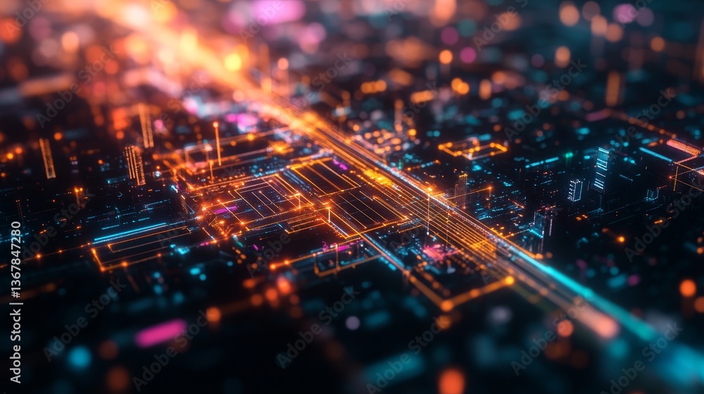 Poster glowing metropolitan area at night showcases city streets in a grid, enhanced by digital lines and p