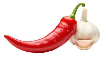 Isolated Fresh Garlic Clove and Chili Pepper