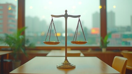 Brass Scale of Justice on Wooden Table