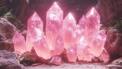 Glowing pink crystals in a dark cave.