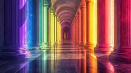 Neon rainbow-lit classical columns in a long hallway with reflective floor.