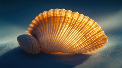 Close-up still life photo of a sea shell with fine ridges, set on smooth blue background, warm directional lighting from side