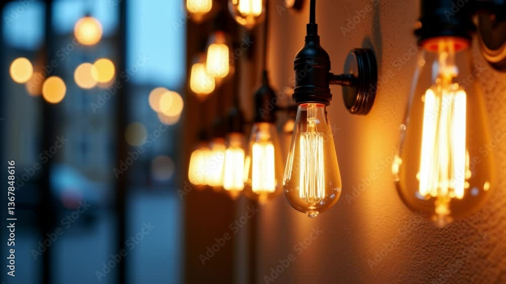 Poster vintage style light bulbs illuminating wall in warm glow, creating a nostalgic atmosphere with retro