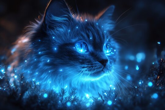 A cat with ethereal glowing fur blending into a bioluminescent forest at night. Generative AI