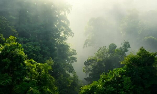 Dense Tropical Rainforest With Morning Fog