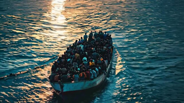 A large number of refugees on a boat trying to flee to a country across the river. Light moonlight reflects on the sea. 