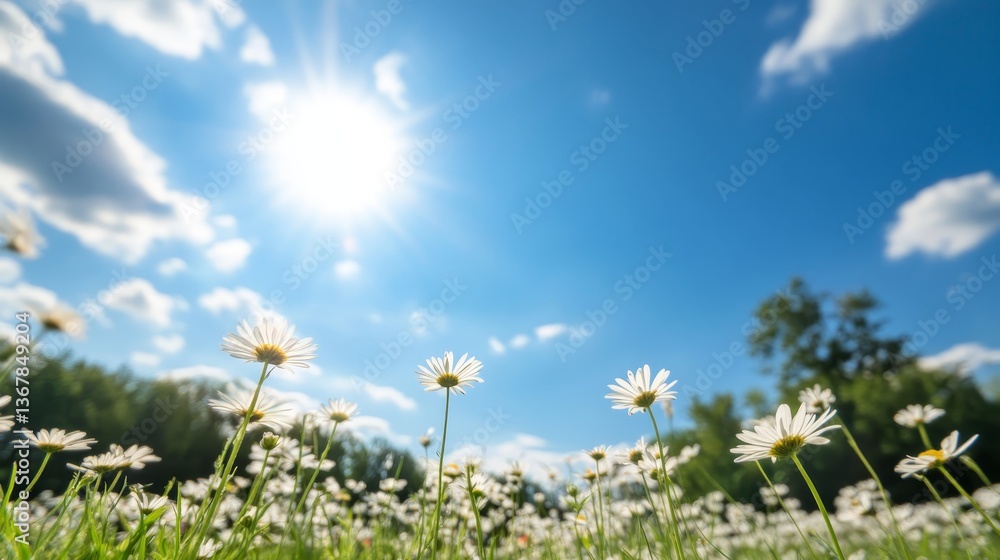 Poster white daisies stretch toward the sun, creating a cheerful display against a deep blue sky dotted wit