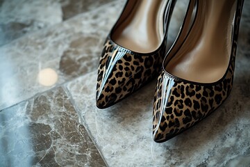 A pair of stylish leopard print shoes resting on a sleek marble floor, reflecting the light