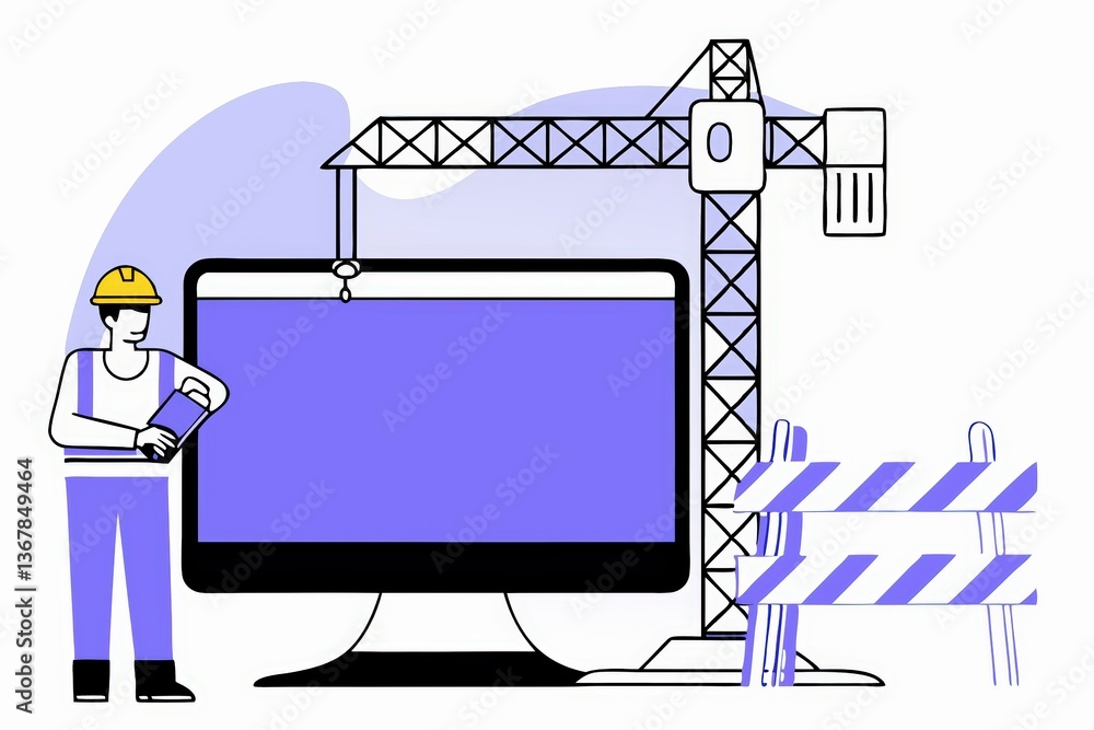 Poster a construction worker stands by a large computer monitor, indicating a project in progress, with con
