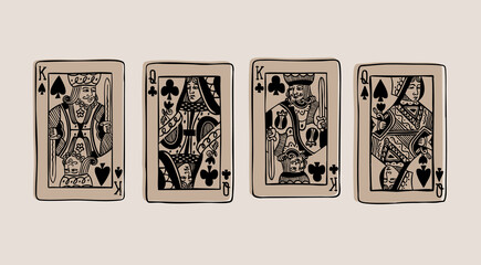 Kings, Queens of clubs, spades. Playing black Royal cards. Gambling, poker concept. Unique trendy style. Hand drawn modern Vector illustration. Poster, print, logo design templates