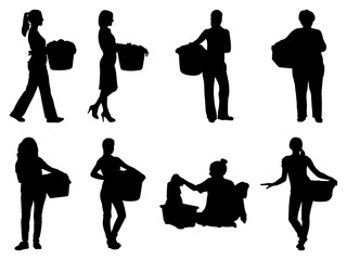 Set of Female House Wife with Clothes Basket Silhouette in various poses isolated on white background