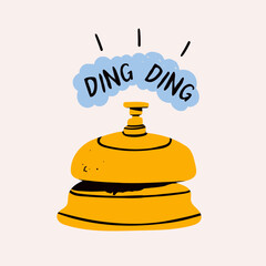 Service bell. Golden call bell. Ding ding text. Hand drawn modern Vector illustration. Isolated design element. Hotel reception, check in, counter desk, ringing calling for assistance concept 