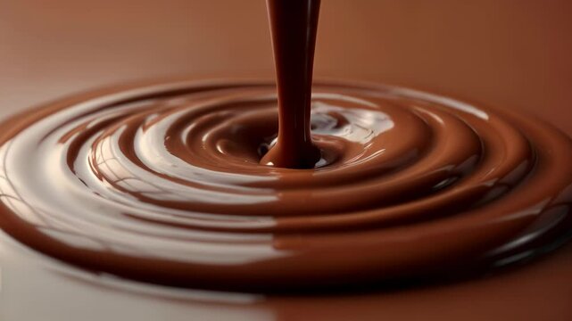 Chocolate pouring into a smooth surface creating mesmerizing swirls and patterns