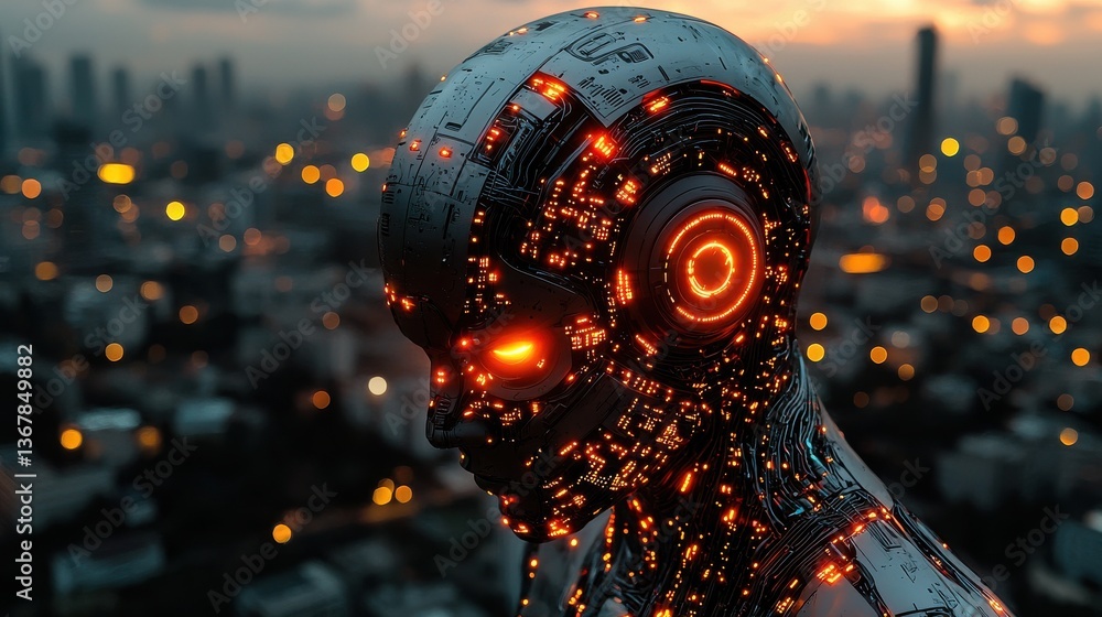 Poster futuristic cyborg figure with glowing electronic circuits and mechanical components exploding agains