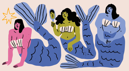 Cute colorful Mermaids set. Beautiful abstract underwater characters. Fairy marine creatures with fish scales and tails. Hand drawn Vector illustration. Unique modern style. Isolated design elements © Dariia