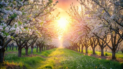 Naklejka premium Minimalist Spring Orchard: Rows of Blooming Apple Trees