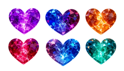 Colorful heart-shaped crystals glowing with vibrant light