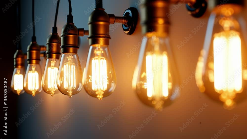 Poster vintage style light bulbs illuminating wall in warm glow, creating a nostalgic atmosphere with retro