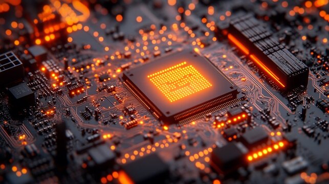 Macro image of a computer processor with glowing circuitry in orange and black.