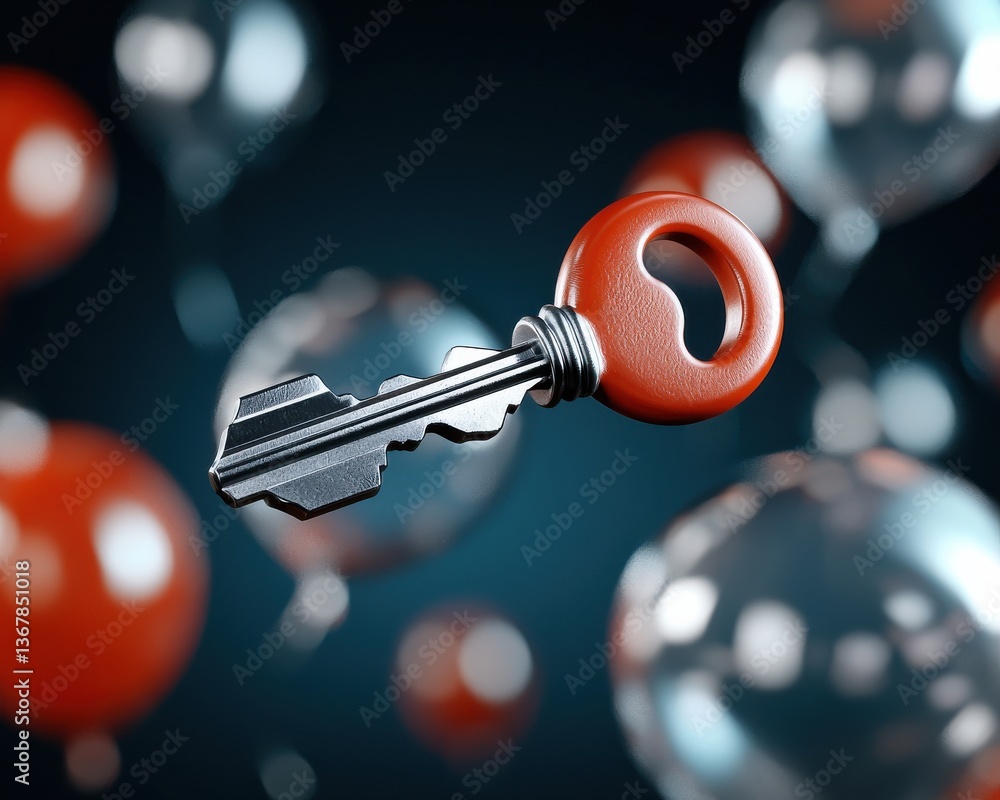 Poster closeup of a crimson colored key unlocking or opening a group of metallic spherical shapes against a