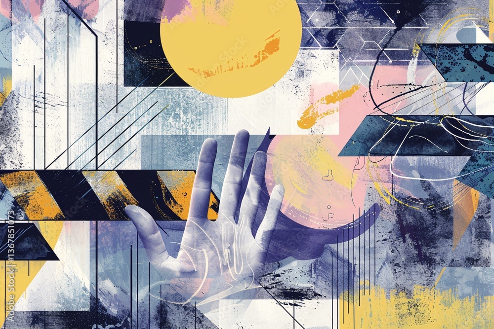 Poster vibrant and textured abstract composition with an artistic illustration of a hand reaching through