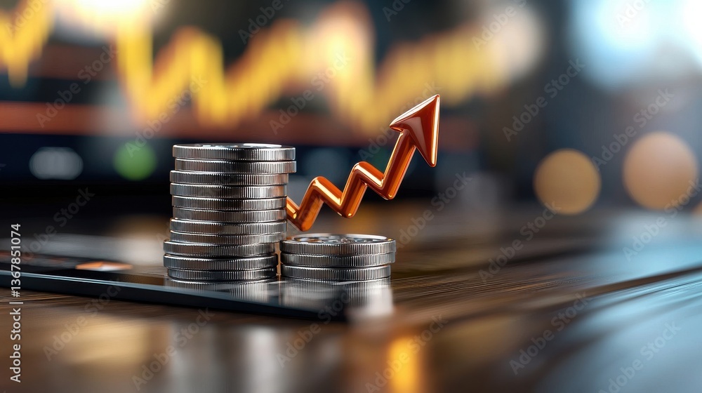 Poster stacked coins with an upward pointing arrow trend chart on a digital financial display symbolizing g