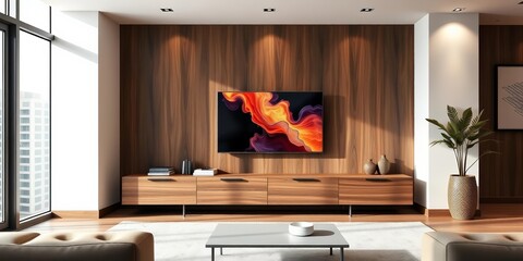 Sleek modern living room with stylish wooden media cabinet, minimalist decor, lines, design