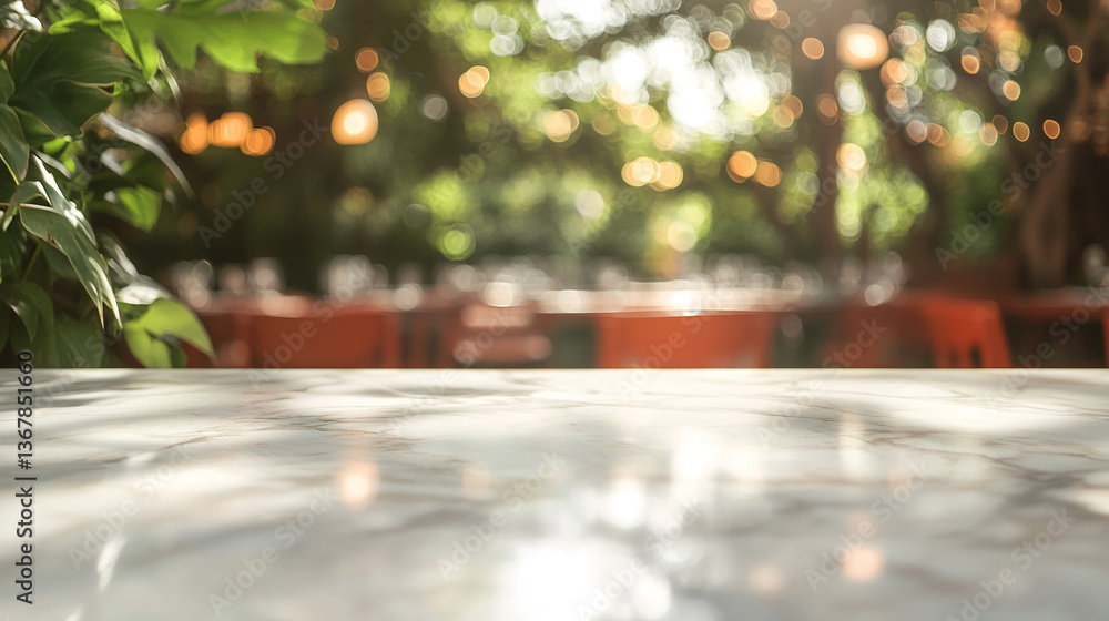 Aufkleber marble table surface in sunlight, blurred garden background with bokeh lights, showcasing free space