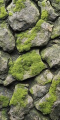 Stone Wall's Emerald Embrace: A captivating macro shot unveils the rugged beauty of a stone wall, each boulder adorned with vibrant emerald moss.