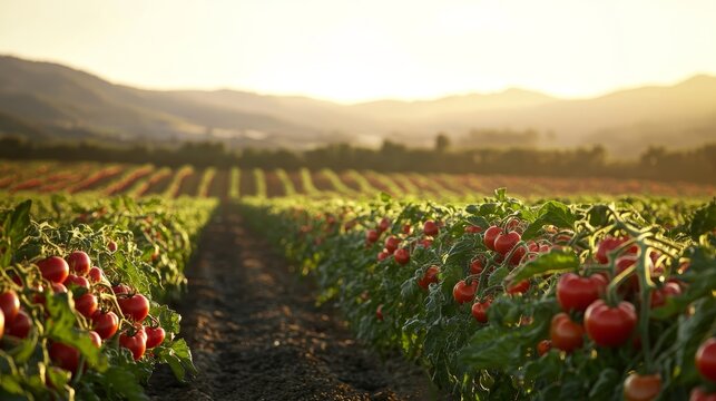 A sprawling tomato field stretches into the distance at sunrise, with rows of ripe red tomatoes sparkling in the gentle light, enhancing the verdant foliage