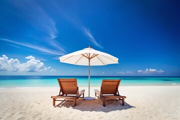 Minimalist Tropical Beach Scene: Two Chairs & Umbrella