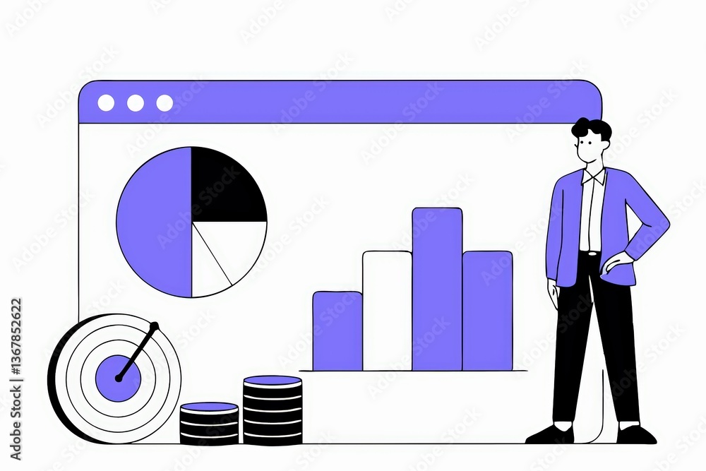 Poster a digital illustration depicting a person next to graphs and charts, symbolizing data analysis and b