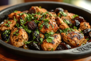 Fototapeta premium A sizzling plate of pollo a la catalana with chicken and prunes