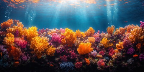Fototapeta premium Underwater Coral Garden: A vibrant coral reef teems with life, sunlight filtering through the crystal-clear water. The scene encapsulates the beauty and biodiversity.