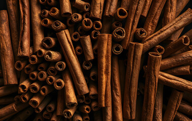 Cinnamon sticks closeup shot, ideal for food blogs, spice-related articles, recipe book covers, kitchenware packaging, and culinary backgrounds