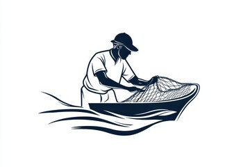Minimalist Fisherman Logo Black and White Design of a Fisherman in a Boat
