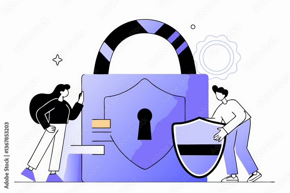 Poster a modern illustration depicting two figures interacting with a large padlock, symbolizing security a