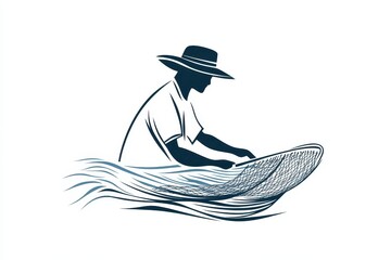 Minimalist Fisherman Logo Black and White Illustration of a Fisherman in a Boat with Net