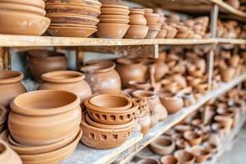 Pottery workshop filled with handcrafted clay creations and natural light Generative AI
