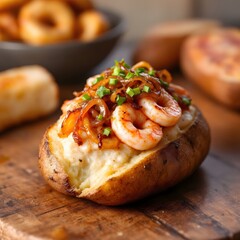 Delicious Loaded Baked Potato with Shrimp and Chives on Wooden Surface