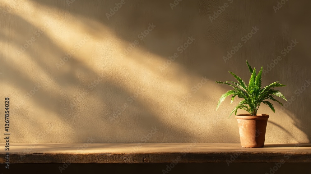 Poster a fern in a terracotta pot sits on a wooden shelf, illuminated by sunlight that filters through its 