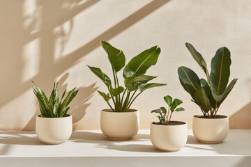 Obraz premium Ceramic planters lined up with lush greenery in neutral tones Generative AI