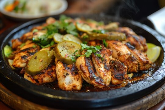 A sizzling plate of shawarma dajaj with chicken and pickles