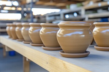 Handmade clay pots drying on wooden table in artisan workshop Generative AI